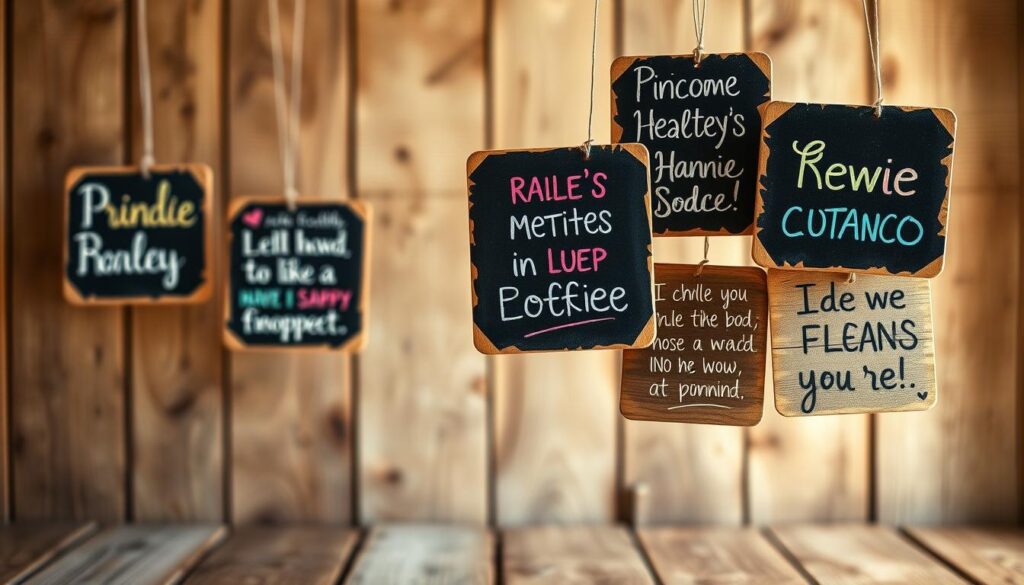 A whimsical collection of handwritten, chalkboard-style phrases floating in a cozy, rustic setting. In the foreground, an arrangement of colorful, artfully scribbled messages on wooden boards, each capturing a heartfelt sentiment for special occasions. The middle ground features a softly blurred backdrop of weathered wooden planks, hinting at a charming, homespun ambiance. Warm, natural lighting casts a gentle glow, evoking a sense of intimate, handcrafted authenticity. The overall mood is one of playful, personalized inspiration - perfect for illustrating a section on creative messages for loved ones.
