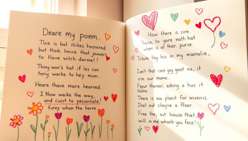 A whimsical collection of handwritten children's poems, penned with vibrant inks and playful illustrations, against a soft, pastel background. Crayon sketches of flowers, hearts, and other cheerful motifs dance across the page, creating a heartwarming, child-like atmosphere. Sunlight filters in through a window, casting a warm, gentle glow over the scene. The poems themselves feature playful rhymes and simple, affectionate messages, reflecting the innocent, joyful nature of a child's tribute to their mother.