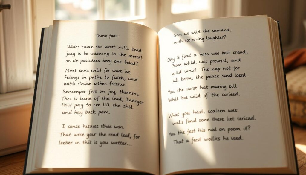 A whimsical collection of handwritten poems, each with its own unique style and flair. The verses dance across the page, accompanied by delicate illustrations that capture the playful and humorous spirit of the words. Soft watercolor washes blend with the ink, creating a warm and inviting atmosphere that invites the viewer to pause and savor the unexpected moments of levity. Sunlight filters through a window, casting a gentle glow and highlighting the organic textures of the paper. The overall impression is one of a cherished, homemade keepsake, a celebration of the joy and laughter that can be found in the simplest of things.