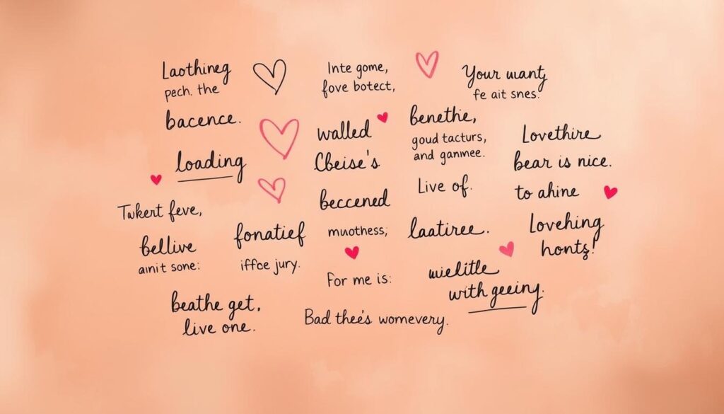 A whimsical collection of heartfelt phrases, handwritten in a playful, calligraphic style, floating elegantly against a warm, pastel-tinted backdrop. The words, rendered in a variety of expressive brushstrokes, convey a range of emotional sentiments - from tender affection to lighthearted humor. The overall composition evokes a sense of cherished memories, a celebration of the bond between loved ones, and the power of simple, thoughtful expressions.