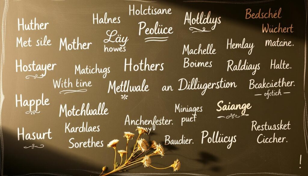 A whimsical collection of humorous Mother's Day catchphrases, artfully displayed on a vibrant chalkboard background. The witty phrases, rendered in a playful handwritten font, are scattered across the board in an effortless, asymmetrical layout. Soft, warm lighting casts gentle shadows, creating a cozy, intimate atmosphere. The chalkboard itself has a well-worn, vintage appearance, adding to the charm. In the foreground, a sprig of delicate wildflowers adds a touch of natural beauty, complementing the lighthearted mood. This captivating image captures the essence of "Humorvolle Muttertagssprüche," seamlessly blending humor, creativity, and a heartfelt celebration of motherhood.