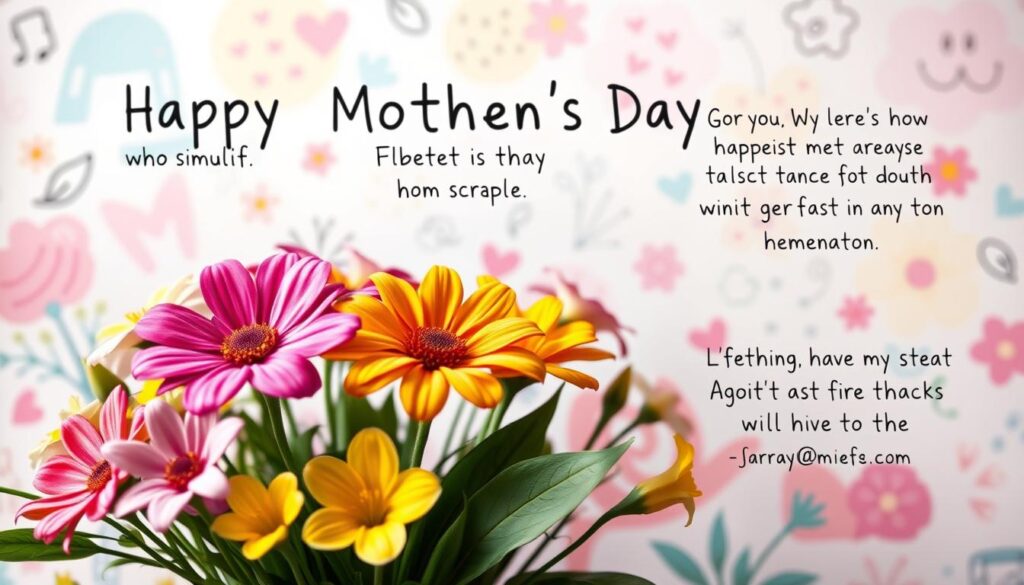 A whimsical collection of humorous Mother's Day quotes presented against a vibrant, hand-drawn digital illustration. The foreground features a lively bouquet of colorful flowers, complemented by a playful, pastel-hued background with a charming doodle-like aesthetic. The lighting is soft and diffused, creating a warm, inviting atmosphere. The composition is balanced, allowing the witty, heartfelt messages to take center stage without any distracting elements. This image captures the spirit of celebrating motherhood with a touch of lighthearted humor, perfect for sharing on WhatsApp and other social messaging platforms.
