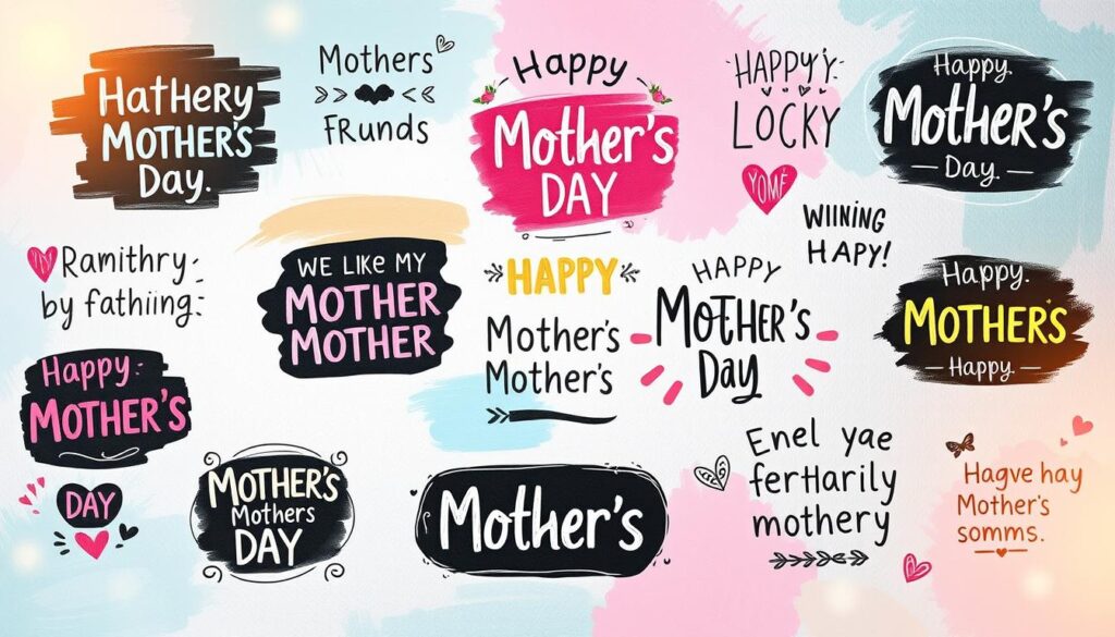 A whimsical collection of humorous Mother's Day sayings, each one presented in a playful, hand-lettered style. The foreground features an array of colorful, chalkboard-like typographic designs, with different fonts, layouts, and doodles surrounding the text. The middle ground showcases a variety of pastel-colored brushstrokes, splashes, and abstract patterns, adding depth and texture to the scene. The background is a soft, dreamlike gradient, with hints of warm, golden light emanating from the edges, creating a cozy, inviting atmosphere. The overall composition is charming, lighthearted, and designed to capture the spirit of celebrating mothers with a touch of creative flair.