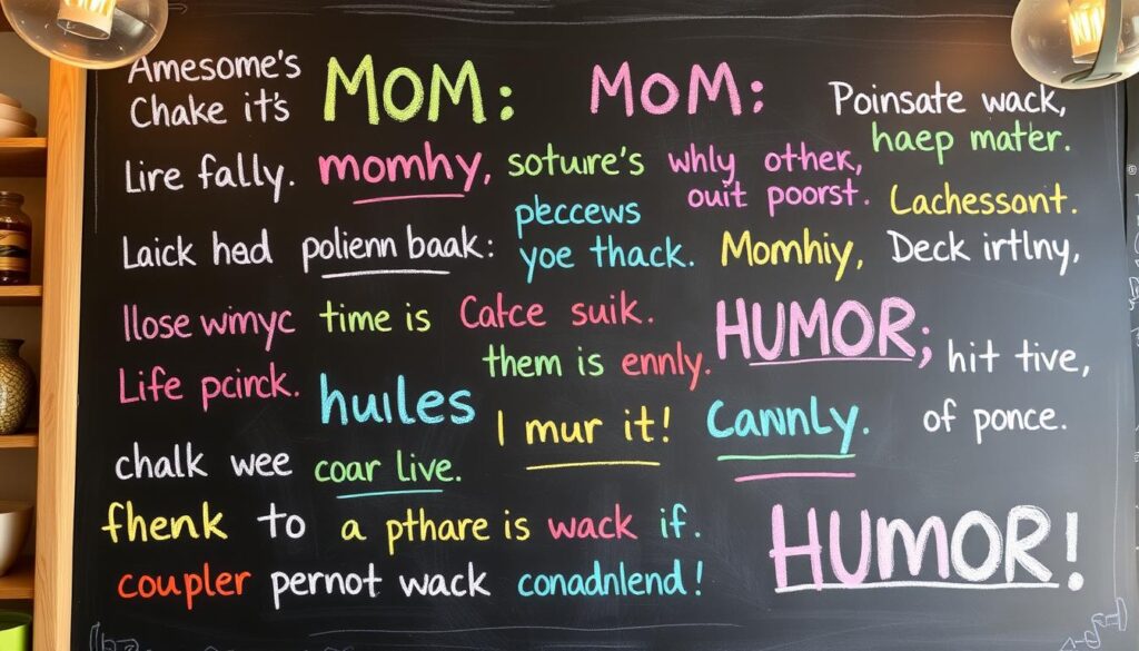 A whimsical collection of humorous phrases handwritten in colorful chalk against a chalkboard backdrop, capturing the lighthearted spirit of a mother's sense of humor. The text is presented in a variety of playful font styles, sizes, and orientations, creating a vibrant and dynamic composition. The background features a warm, softly-lit setting, with subtle textures and natural elements like wooden frames or shelves to complement the casual, homely ambiance. The overall mood is one of warmth, joy, and genuine laughter, inviting the viewer to connect with the heartwarming mother-child bond.