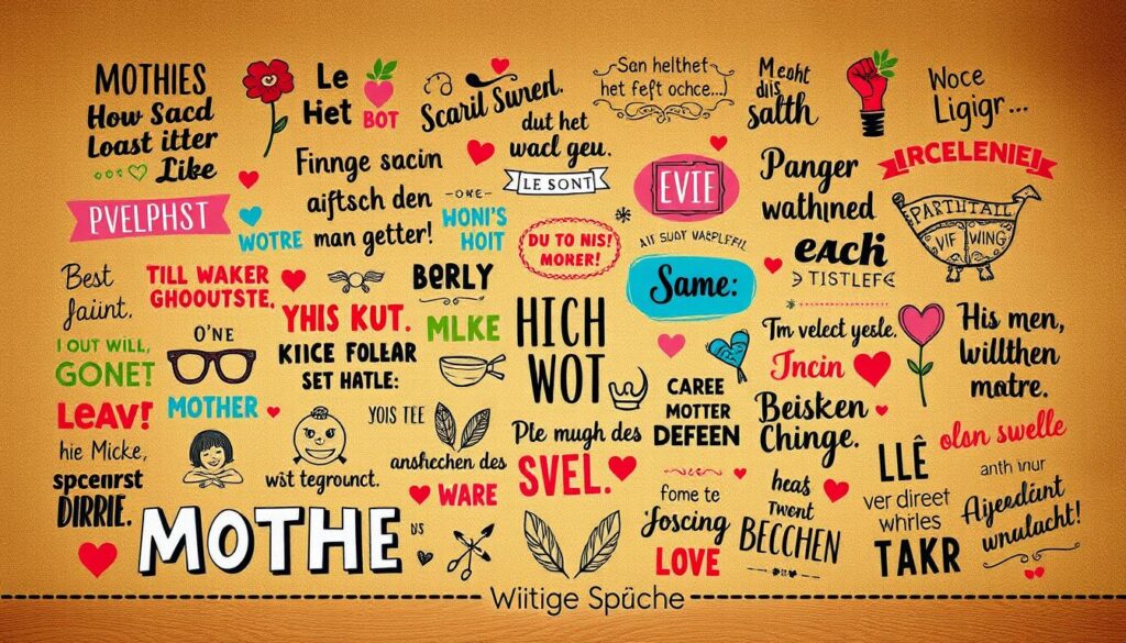 A whimsical collection of humorous quotes and lighthearted sayings, artfully displayed in a vibrant and inviting composition. The foreground features a lively arrangement of colorful, hand-lettered phrases, each one a clever and witty expression that captures the joyful, playful spirit of motherhood. The middle ground presents a delightful collage of vintage-inspired illustrations, playful icons, and doodle-like elements that complement the quotes, creating a visually engaging and visually striking scene. The background provides a warm, textured backdrop, with subtle patterns and soft gradients that lend a sense of depth and dimension to the overall image. The lighting is soft and diffused, creating a cozy, intimate atmosphere that enhances the heartfelt and lighthearted nature of the "witzige Sprüche" showcased.