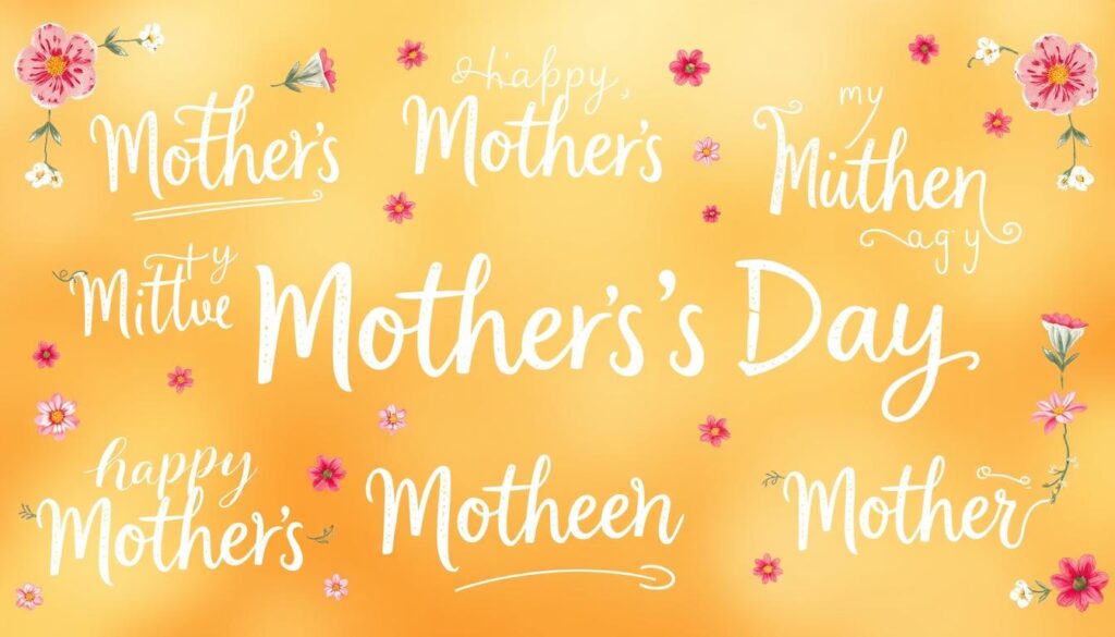 A whimsical collection of vibrant, hand-lettered Mother's Day phrases dancing across a warm, soft-focus background. Delicate floral accents frame the playful typography, which features a mix of bold, casual scripts and delicate, calligraphic elements. The overall aesthetic is cheerful, lighthearted, and celebratory, capturing the spirit of cherishing and appreciating mothers. Subtle textures and a muted color palette lend a vintage, artisanal feel, creating an inviting, homemade vibe perfect for DIY Mother's Day crafts and gifts.