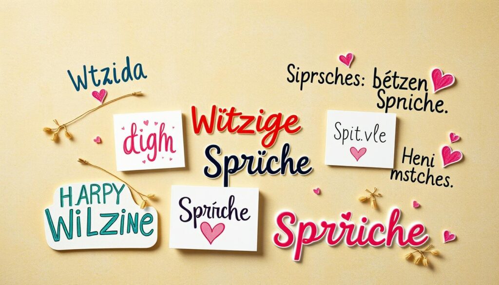 A whimsical composition featuring a collection of playful, hand-lettered "Witzige Sprüche" (witty phrases) against a vibrant, textured background. The phrases are presented in a visually engaging manner, with a mix of colorful calligraphy, quirky illustrations, and a touch of humor. The overall scene evokes a warm, festive atmosphere, suitable for a Mother's Day celebration. Soft, diffused lighting casts gentle shadows, creating depth and a sense of artisanal craftsmanship. The image should spark joy and inspire the viewer to create their own heartfelt, homemade Mother's Day cards.