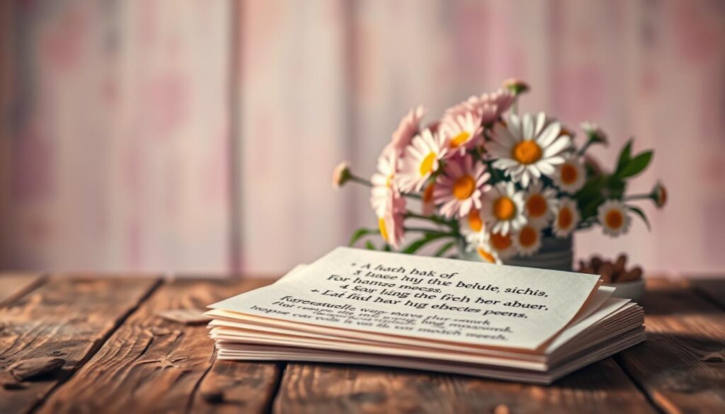 A whimsical composition showcasing a collection of humorous mother's day poems. In the foreground, a stack of colorful handwritten verses sits atop a rustic wooden table, illuminated by soft, warm lighting that casts a cozy, inviting atmosphere. In the middle ground, a bouquet of cheerful flowers, perhaps daisies or carnations, adds a touch of nature and celebration. The background features a blurred, pastel-tinted scene, evoking the serene and lighthearted mood of the moment. The overall aesthetic blends vintage charm with a modern, artistic sensibility, creating a visually engaging and imaginative interpretation of "Humorvolle Gedichte für den Muttertag".