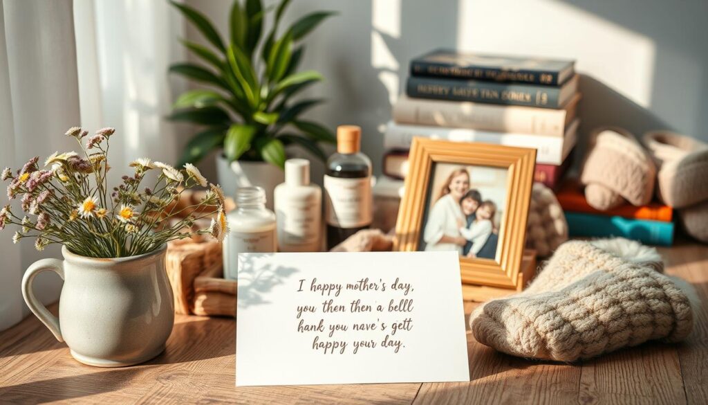A whimsical, delicately-lit scene of a variety of thoughtful Mother's Day gift ideas arranged on a simple, rustic wooden surface. In the foreground, a handcrafted ceramic mug, a bouquet of freshly-picked wildflowers, and a sentimental greeting card with a heartfelt message. In the middle ground, a set of artisanal bath products, a plush throw blanket, and a framed family photograph. In the background, a potted plant, a stack of beloved books, and a pair of cozy slippers, all bathed in soft, diffused natural light. The overall mood is one of warmth, care, and appreciation, capturing the essence of celebrating the special women in our lives.