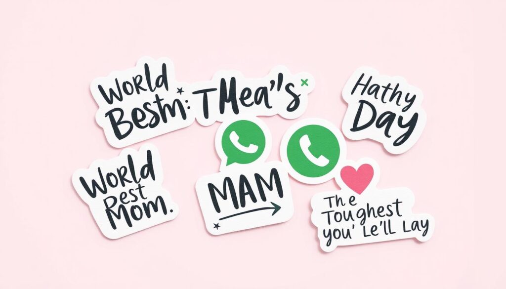 A whimsical digital illustration showcasing a collection of handwritten-style WhatsApp message stickers against a soft, pastel-colored background. The stickers feature playful, humorous messages suitable for Mother's Day, such as "World's Best Mom" and "Motherhood - The Toughest Job You'll Ever Love." The stickers are arranged in a visually appealing, collage-like composition, with some partially overlapping or tilted at dynamic angles. The overall mood is warm, celebratory, and inviting, capturing the spirit of this special occasion.