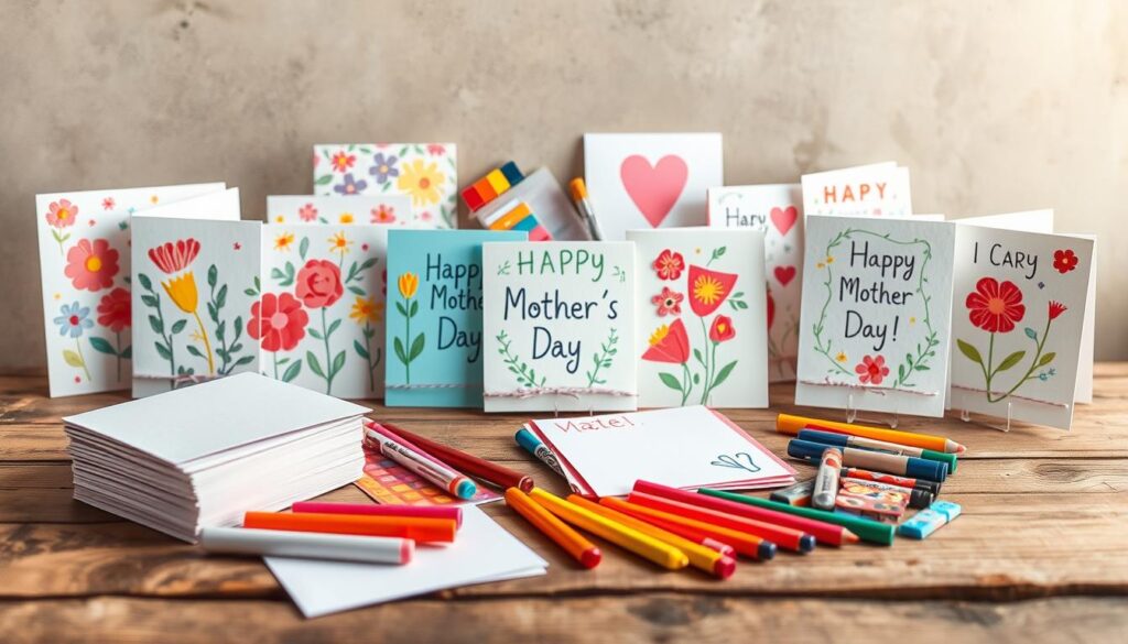 A whimsical display of handmade Mother's Day cards on a rustic wooden table, bathed in warm, diffused natural light. The cards feature colorful floral patterns, playful illustrations, and heartfelt messages. In the foreground, a stack of blank cards and an assortment of art supplies, including markers, colored pencils, and stickers, inviting the viewer to create their own personalized designs. The middle ground showcases a selection of carefully crafted cards, each one unique and showcasing the creativity and love poured into its creation. The background features a neutral, softly blurred backdrop, allowing the cards to take center stage and capturing the spirit of a heartfelt, homemade celebration.
