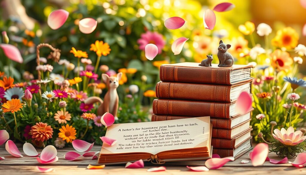 A whimsical garden filled with colorful flowers and playful animal figurines. In the foreground, a stack of vintage leather-bound books with hand-drawn illustrations of humorous poetic verses. Soft, diffused lighting casts a warm, nostalgic glow across the scene. Floating petals dance in the gentle breeze, creating a serene, lighthearted atmosphere. The composition is artfully balanced, drawing the viewer's eye to the central focus - the antique books, a symbolic representation of heartfelt, humorous poems for Mother's Day.