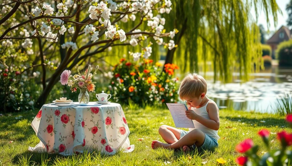 A whimsical garden scene on a warm, sunny day, with a small table set for a Mother's Day tea party. The table is adorned with a delicate floral tablecloth, a vase of freshly picked flowers, and a collection of handwritten poems and heartfelt notes. In the foreground, a young child sits cross-legged, carefully composing a humorous verse to surprise their mother. The middle ground features a lush, verdant backdrop of blooming flowers and swaying trees, casting a soft, dappled light. In the distance, a serene pond reflects the tranquil scene. The overall atmosphere is one of joyful celebration, creativity, and the warm bond between mother and child.