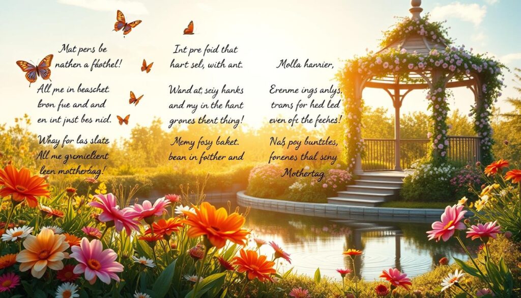 A whimsical garden scene with vibrant flowers and delicate butterflies, illuminated by warm, golden sunlight. In the foreground, a collection of handwritten verses adorned with intricate floral illustrations, capturing the heartfelt and humorous spirit of Mother's Day. The middle ground features a serene pond, its surface reflecting the surrounding flora. In the background, a picturesque gazebo, draped in cascading vines and blooms, creates a sense of tranquility and celebration. The overall composition conveys a lighthearted, joyful, and nostalgic atmosphere, perfectly suited to illustrate the "Humorvolle Gedichte für den Muttertag" section.