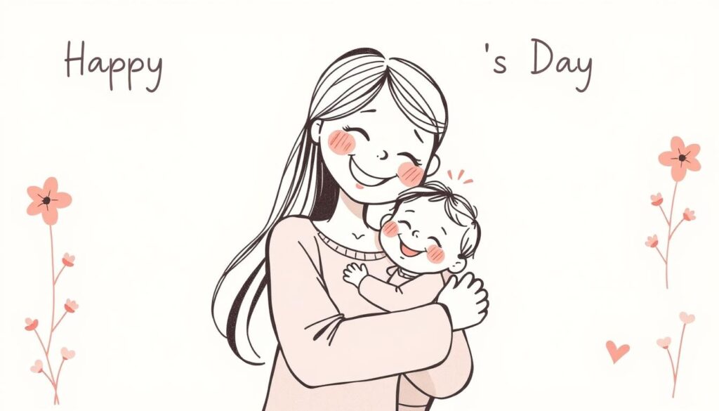 A whimsical, hand-drawn illustration depicting a cheerful mother and child enjoying a heartfelt moment. The mother, with a warm and affectionate smile, embraces her young child, who gazes up at her with pure adoration. The scene is set against a pastel-colored background, evoking a sense of simplicity and joy. The composition is framed by delicate floral accents, creating a charming and inviting atmosphere. The overall style is characterized by a soft, organic aesthetic, with loose, expressive brushstrokes and a touch of playful energy. The image captures the special bond between a mother and child, perfectly encapsulating the spirit of Mother's Day.