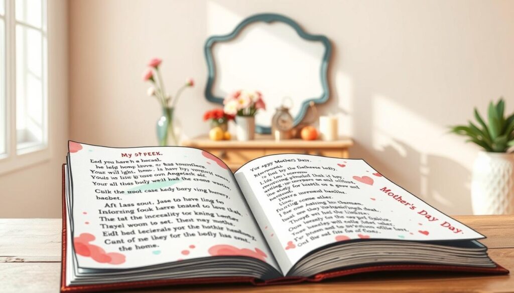 A whimsical, hand-drawn illustration depicting a collection of playful, humorous poems for Mother's Day. The foreground features a vibrant, loose-style sketch of various verse-filled pages, with delicate doodles and splashes of watercolor around the edges. The middle ground showcases a quaint, vintage-inspired desk or tabletop, with a vase of fresh flowers, a candle, and other cozy accents. The background is a soft, muted palette, creating a warm, inviting atmosphere. Lighting is natural and diffused, with a touch of directional light highlighting the textural elements. The overall mood is joyful, nostalgic, and perfect for celebrating a mother's sense of humor.