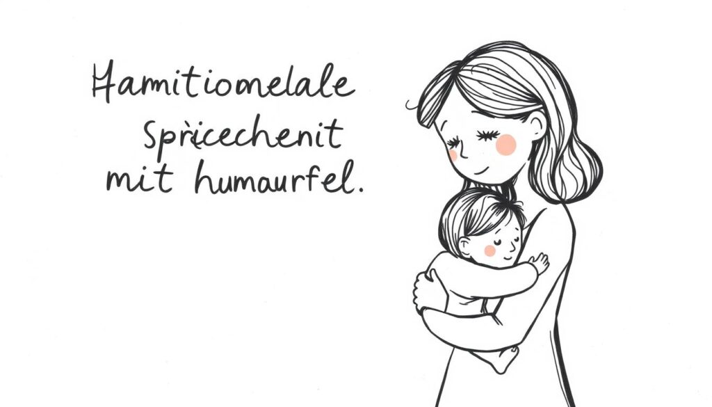 A whimsical, hand-drawn illustration depicting a heartfelt motherly sentiment with a playful, humorous twist. In the foreground, a mother figure tenderly embraces her child, their expressions conveying warmth and affection. The middle ground features a subtly humorous element, such as a comically exaggerated gesture or a lighthearted visual pun, adding a touch of levity to the emotional scene. The background is softly textured, suggesting a dreamlike, artisanal quality, with gentle lighting casting a soothing glow over the entire composition. The overall style is hand-crafted, with a mix of traditional and digital media, creating a charming, endearing aesthetic that captures the essence of "emotionale Sprüche mit humorvollen Twist".