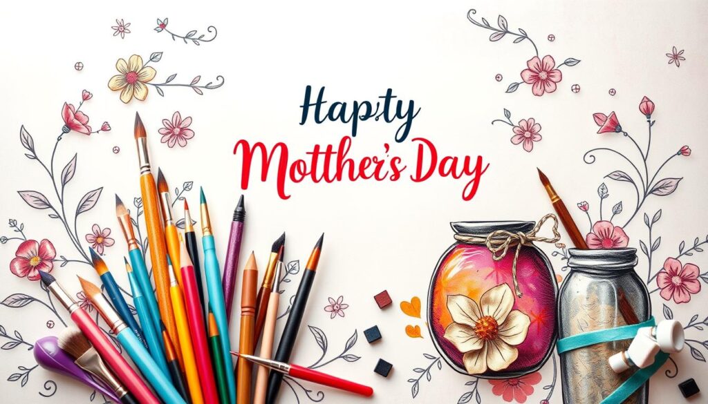 A whimsical, hand-drawn illustration depicting creative tips for crafting heartfelt Mother's Day messages. In the foreground, a colorful array of artsy writing tools - calligraphy pens, paintbrushes, and a pot of vibrant ink. In the middle ground, elegant floral flourishes, ribbons, and playful doodles frame the composition. The background features a soft, pastel gradient, evoking a sense of warmth and imagination. The lighting is soft and diffused, creating an inviting, inspirational atmosphere. Captured with a wide-angle lens to showcase the detailed, textured elements. The overall mood is joyful, playful, and designed to spark creativity in crafting heartfelt messages for mothers.