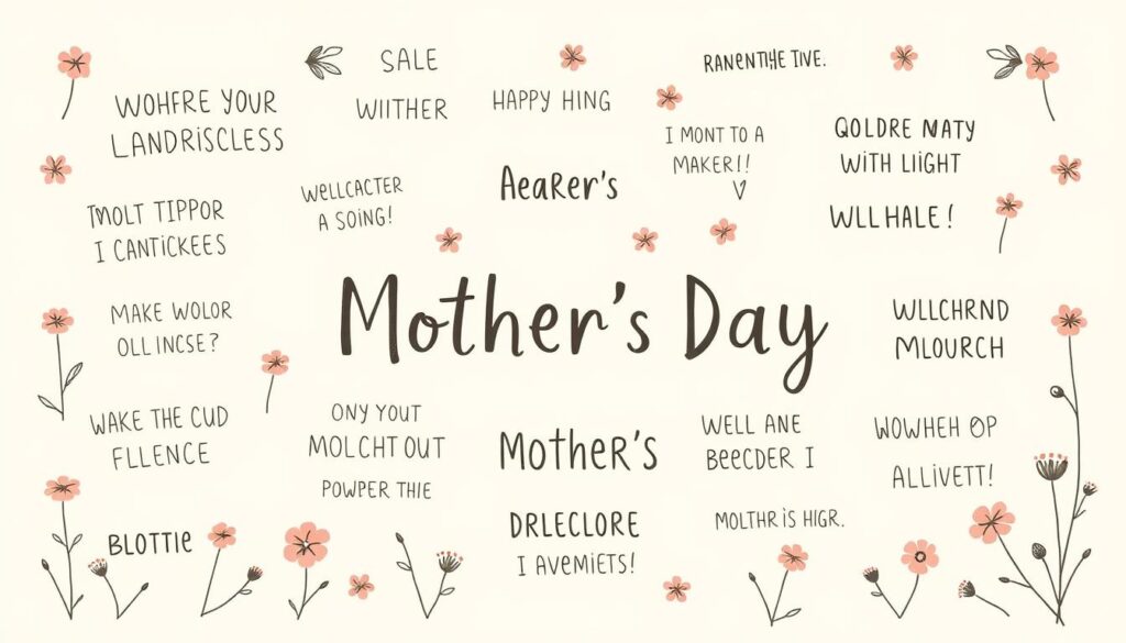 A whimsical, hand-drawn illustration of lighthearted Mother's Day phrases, rendered in a playful, charming style. The foreground features a variety of quirky, endearing text-based elements - witty one-liners, funny quips, and heartfelt sentiments - artfully arranged in an organic, free-flowing composition. The middle ground showcases delicate floral motifs, subtly framing the text elements. The background is a serene, pastel-hued gradient, exuding a warm, cheerful ambiance. The overall aesthetic is reminiscent of a vintage stationery or greeting card design, conveying a mood of gentle humor and affection.