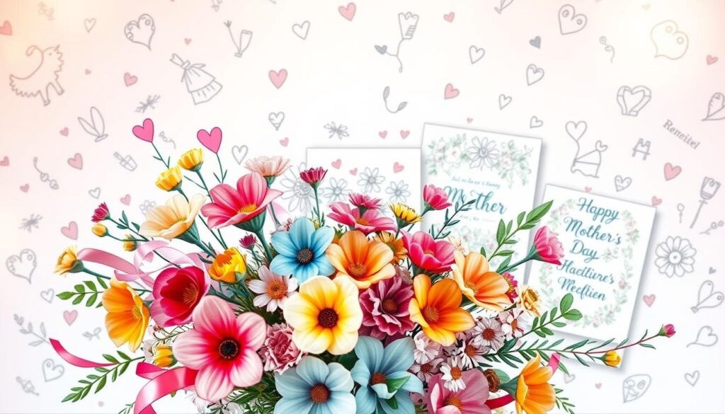 A whimsical, hand-drawn illustration of various creative ideas for Mother's Day cards. In the foreground, a vibrant bouquet of colorful flowers, ribbons, and hearts. In the middle ground, a variety of card designs with floral patterns, calligraphic text, and delicate illustrations. The background features a soft, pastel-toned setting with sketchy, swirling lines conveying a sense of artistry and imagination. Warm, diffused lighting creates a cozy, inviting atmosphere. Captured with a wide-angle lens to showcase the depth and detail of the composition.