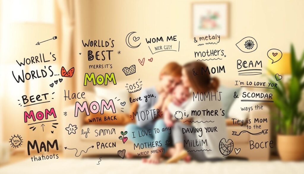 A whimsical, hand-drawn style illustration of various amusing and heartwarming expressions for mothers, presented against a cheerful, pastel-colored background with soft, diffused lighting. The foreground features a playful arrangement of handwritten phrases in a variety of colorful fonts and quirky doodles, such as "World's Best Mom", "Mama Bear", and "I Love You to the Moon and Back". The middle ground showcases a cozy, domestic scene with a mother and child sharing a warm embrace, while the background subtly blurs into an inviting, home-like atmosphere.