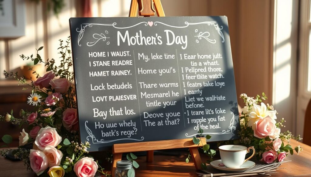 A whimsical, hand-lettered chalkboard-style sign in a warm, inviting setting, featuring a collection of humorous, heartfelt Mother's Day messages. The board is mounted on a rustic wooden easel, surrounded by a cozy, sun-dappled arrangement of fresh flowers, greenery, and a vintage teacup or two. Soft, natural lighting casts a gentle glow, creating a charming, sentimental atmosphere perfect for celebrating the joys of motherhood.