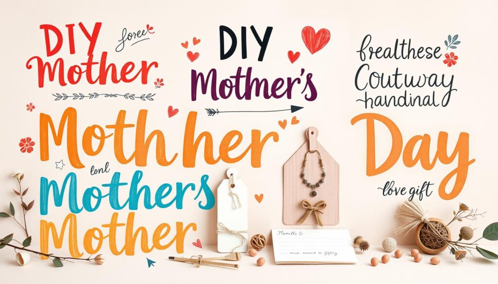 A whimsical hand-lettered display of vibrant DIY-inspired slogans for Mother's Day gifts, rendered in a playful mix of calligraphic styles and earthy textures against a soft, pastel-toned backdrop. The foreground features an artful arrangement of dynamic typographic elements in warm, earthy hues, complemented by delicate floral accents and subtle brushstrokes. The middle ground showcases an assortment of handcrafted items, including handwritten notes, simple jewelry, and small decorative pieces. The background maintains a gentle, diffused ambiance, adding depth and a sense of artisanal charm to the overall composition.