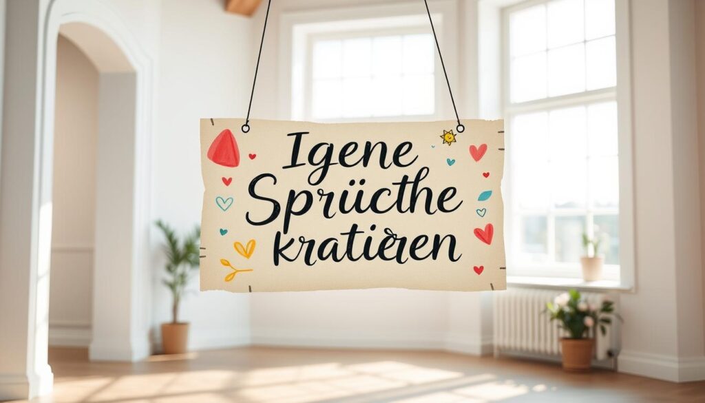 A whimsical hand-lettered sign floating in a bright, airy room. Colorful brushstrokes and doodles frame a playful, cursive script that reads "Eigene Sprüche kreieren". Soft natural light filters through a large window, casting a warm glow on the scene. Textured paper or chalkboard provides an inviting, artisanal backdrop, evoking a relaxed, creative atmosphere. The composition is centered and balanced, with ample negative space to allow the hand-crafted message to shine. An inspirational, DIY-style display perfect for a Mother's Day feature on crafting personalized messages.