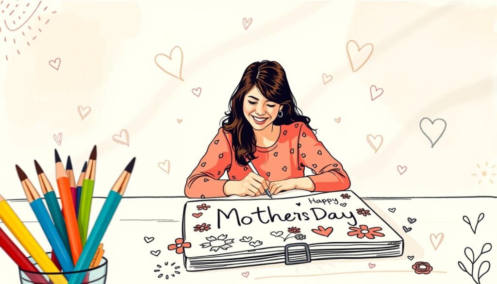 A whimsical, handdrawn-style illustration showcasing creative design tips for Mother's Day quotes. In the foreground, colorful pens, paintbrushes, and a sketchpad with various doodled elements like flowers, hearts, and swirls. In the middle ground, a smiling woman sitting at a table, thoughtfully crafting a heartfelt message. The background features a soft, pastel gradient with subtle patterns and textures, evoking a playful, artsy ambiance. Warm, natural lighting casts a cozy glow, heightening the welcoming, inspirational mood. The overall composition strikes a balance between functionality and creative expression, seamlessly blending practical design advice with a sense of whimsy and personal touch.