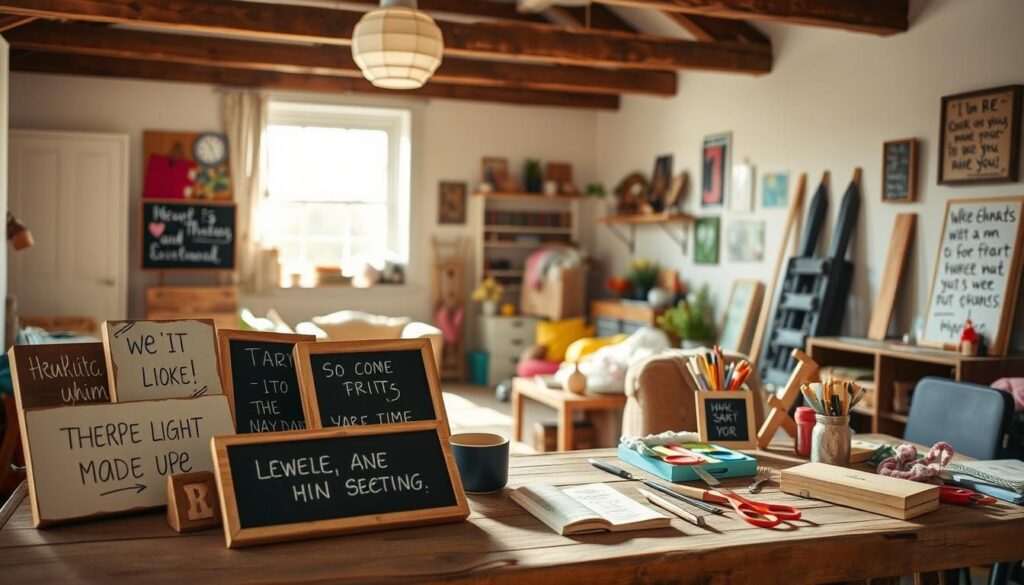 A whimsical, handmade scene of DIY inspirational quotes. In the foreground, an artfully arranged collection of handwritten signs, chalkboards, and painted wooden plaques adorn a rustic wooden surface. Sunlight filters in through a window, casting a warm, cozy glow. In the middle ground, a variety of crafting tools, colorful fabrics, and scattered supplies create a comfortable, creative atmosphere. The background features a charming, minimalist interior with exposed wood beams and neutral-toned walls, further emphasizing the homemade, heartfelt nature of the scene. The overall mood is one of DIY authenticity, positivity, and a touch of playful creativity.