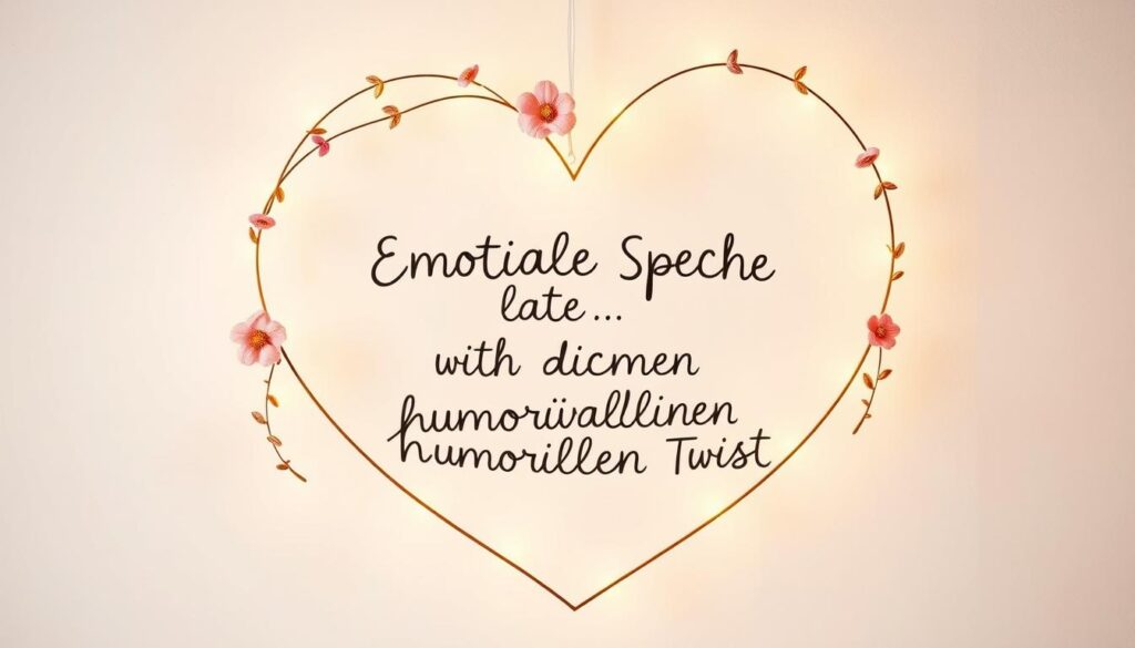 A whimsical heart-shaped frame, adorned with delicate floral accents, floats against a soft, pastel-hued background. The frame casts a warm, golden glow, illuminating the space with a gentle, ethereal ambiance. Within the frame, handwritten calligraphic text in a playful, expressive style conveys a heartfelt, humorous message, capturing the sentiment of the "Emotionale Sprüche mit einem humorvollen Twist" section. The composition is balanced, with thoughtful use of negative space to create a visually striking, emotive image that resonates with the article's theme.