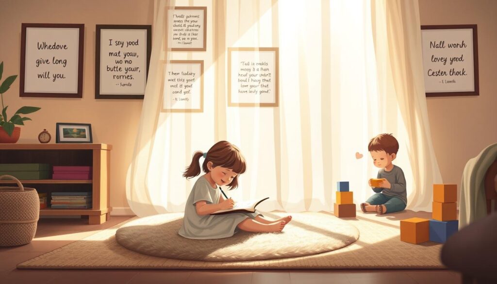 A whimsical illustration of children's heartfelt quotes to their mothers. A cozy, sun-dappled living room scene, with a young girl sitting cross-legged on a plush rug, scribbling in a journal. Framed inspirational sayings by children adorn the walls, their innocent words and expressions capturing the pure, unfiltered love between mother and child. Soft natural lighting filters through sheer curtains, creating a warm, welcoming atmosphere. In the background, a young boy plays with toy blocks, his face alight with concentration. The overall mood is one of domestic bliss and familial bonds, showcasing the precious moments between mothers and their little ones.