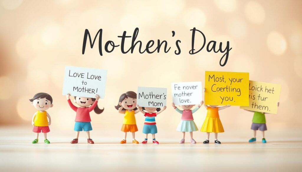 A whimsical illustration of heartfelt Mother's Day messages from children. In the foreground, a group of playful, cartoon-style children in bright, colorful clothing hold up handwritten signs with messages of love and appreciation for their mothers. The middle ground features a warm, soft-focus background, with gentle blurred textures and pastel hues that evoke a sense of tenderness and sentimentality. The overall lighting is natural and diffused, creating a cozy, intimate atmosphere that complements the heartfelt theme. The composition is balanced and inviting, drawing the viewer's attention to the charming messages from the children.