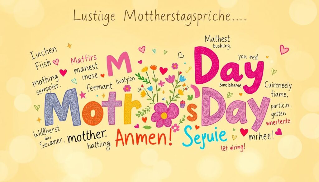 A whimsical illustration of lighthearted Mother's Day phrases, depicted against a warm, cheerful backdrop. In the foreground, a cluster of playful, hand-drawn typography in vivid colors, each phrase conveying a different sentiment of love and gratitude. The middle ground features a lively composition of doodle-like floral elements, nestled among the text. The background is a soft, hazy gradient, evoking a sense of comfort and joy. The overall mood is one of playfulness and affection, perfectly suited to capture the "Lustige Muttertagssprüche" theme.