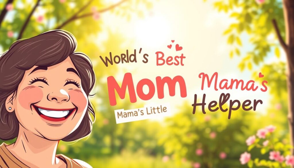 A whimsical illustration showcasing a joyful mother figure surrounded by playful, lighthearted typographic elements. The foreground features the mother smiling warmly, her kind, nurturing expression radiant with love. The middle ground presents a playful collage of humorous, affectionate text phrases floating around her, such as "World's Best Mom" and "Mama's Little Helper." The background depicts a vibrant, sun-dappled outdoor scene, with lush greenery and a serene, cloud-dotted sky, creating a cheerful, uplifting atmosphere. The composition is captured with a slightly wide-angle lens, conveying a sense of warmth and intimacy. Soft, diffused lighting gently illuminates the scene, evoking a sentimental, heartfelt mood.