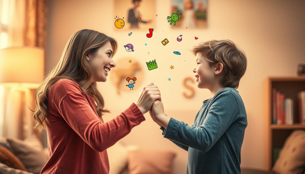 A whimsical mother and child, their hands intertwined, engaged in a lively exchange. Colorful, playful illustrations dance around them, conveying the joy and creativity of their interaction. Warm lighting casts a soft, inviting glow, while a blurred background suggests a cozy, intimate setting. The composition is dynamic, with the figures positioned at an angle, creating a sense of movement and energy. This scene captures the spirit of "kreative Übermittlung," showcasing the unique and imaginative ways a parent and child can connect through the power of words and expression.