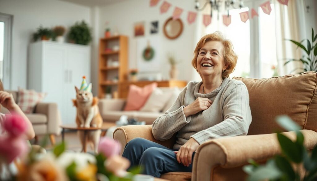 A whimsical mother's day scene set in a cozy domestic setting. In the foreground, a mother figure sits on a plush armchair, her expression radiating warmth and amusement as she enjoys a lighthearted moment. The middle ground features playful, humorous elements such as a cat wearing a party hat or a child playfully tugging at the mother's sleeve. The background depicts a well-lit, inviting living room with cheerful decor and hints of family life. The overall mood is joyful, intimate, and celebrates the importance of cherishing the bond between mothers and their loved ones, especially on this special day.
