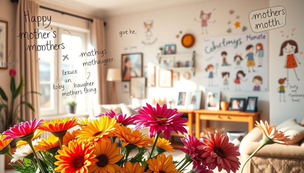 A whimsical mother's day scene with witty, hand-lettered phrases floating in the air. In the foreground, a vibrant bouquet of flowers, each bloom a burst of color. The middle ground features a cozy, sun-dappled living room setting, with a comfortable armchair and a side table overflowing with framed family photos. In the background, the walls are adorned with playful, hand-drawn illustrations of mothers and children. Soft, warm lighting casts a gentle glow, creating an atmosphere of love, laughter, and cherished moments. The overall composition conveys a lighthearted and joyful celebration of motherhood.