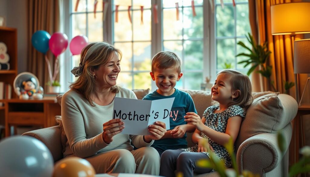 A whimsical scene of a family celebrating Mother's Day with lighthearted humor. In the foreground, a mother sits on a comfortable armchair, chuckling at a comical greeting card held in her hands. Her children, a young boy and girl, stand beside her, grinning mischievously. Warm, golden lighting illuminates the cozy living room, lending an inviting atmosphere. The middle ground features playful decorations, such as colorful balloons and streamers, adding to the festive mood. In the background, a large window overlooks a lush, verdant garden, hinting at the springtime setting. The overall composition conveys the importance of embracing humor and joy on this special occasion, strengthening the bond between a mother and her family.