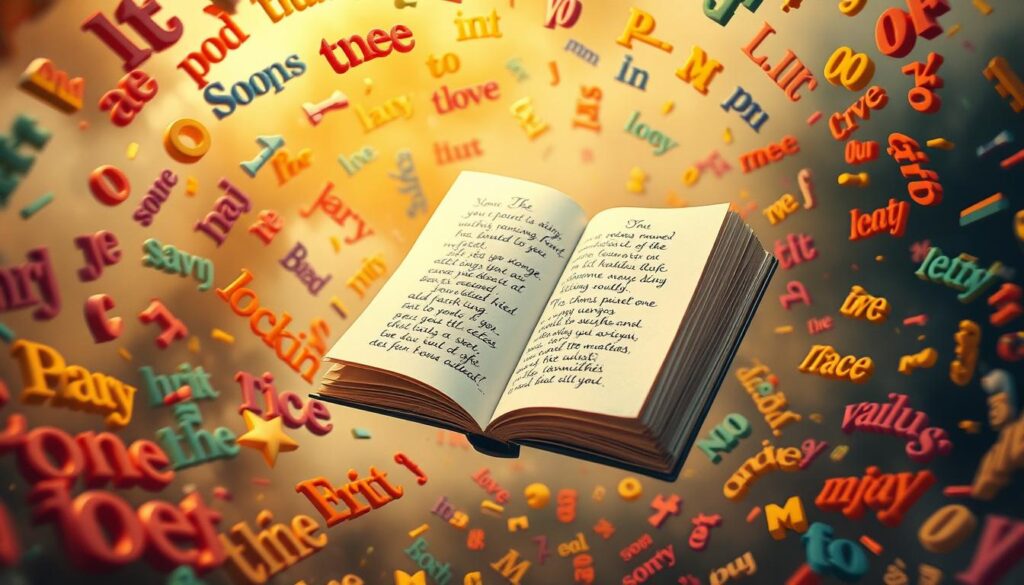 A whimsical scene of a poetry book levitating amidst a swirling vortex of colorful words and phrases. The book's pages flutter gently, revealing handwritten verses in an elegant script. Warm, golden lighting casts a dreamlike glow, while a soft, hazy background adds an air of playful imagination. Dimensional layers of typography and visual elements create a dynamic, surreal composition that celebrates the joy and humor of poetic expression. The overall mood is lighthearted, charming, and brimming with creative energy.