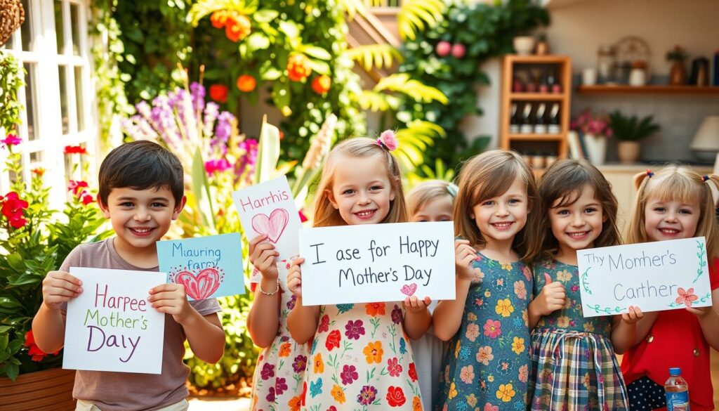 A whimsical scene of cheerful children presenting heartfelt Mother's Day messages. In the foreground, a group of young boys and girls, their faces lit with joy, hold up handmade cards and colorful drawings. The middle ground showcases a lush, sun-dappled garden, its vibrant flowers and verdant foliage creating a warm, inviting atmosphere. In the background, a cozy domestic setting, perhaps a quaint cottage or a comfortable living room, hints at the loving home these children inhabit. The lighting is soft and natural, capturing the innocent enthusiasm and familial affection of this special moment. The overall mood is one of unbridled childlike wonder and appreciation for the nurturing figure of a mother.