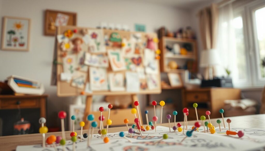 A whimsical scene of children's drawings brought to life in a warm, inviting atmosphere. In the foreground, a collection of colorful, imaginative sketches - flowers, animals, and fantastical creatures - appear to dance across the page. The middle ground showcases these drawings displayed on a cluttered, but lovingly curated pinboard, held in place by various multicolored push pins. The background features a soft, blurred domestic interior, suggesting a cozy, homely setting, perhaps a parent's study or living room. Gentle, diffused lighting bathes the scene, creating a sense of comfort and nostalgia. The overall mood is one of joyful, childlike creativity and parental appreciation.