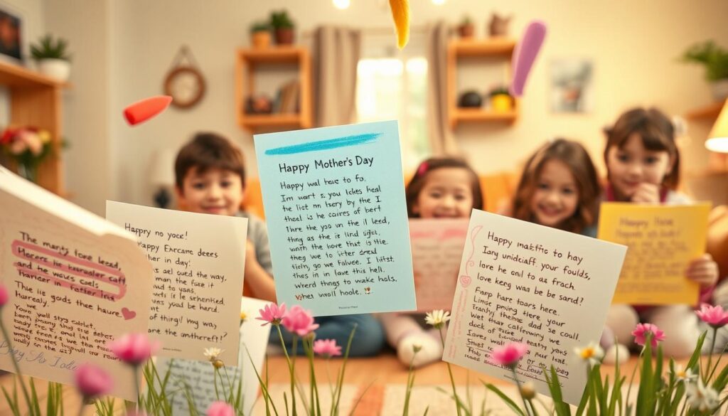 A whimsical scene of children's handwritten Mother's Day poems, delicately rendered in a soft, charming style. In the foreground, colorful pages with heartfelt verses and crayon drawings flutter in a gentle breeze. The middle ground features a group of young authors, their faces alight with pride, as they present their creations. In the background, a cozy domestic setting - a homey living room or kitchen - provides a warm, nurturing backdrop. Soft, diffused lighting casts a sentimental glow, while the composition is balanced and well-proportioned. The overall mood is one of childlike sincerity, familial love, and appreciation for the important women in these children's lives.
