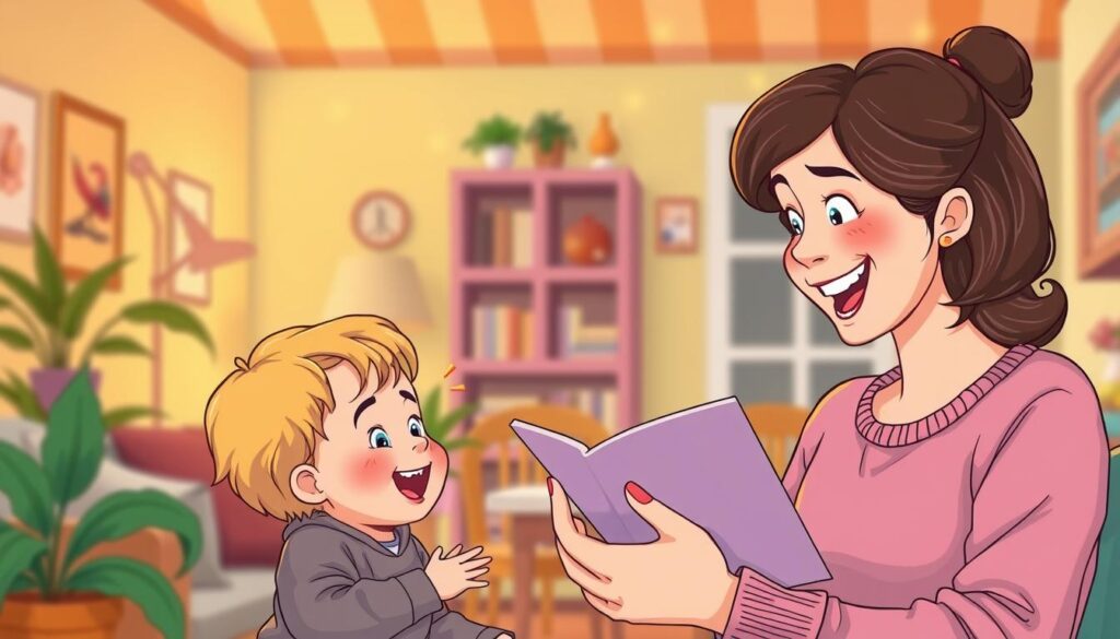 A whimsical scene of classic mother-child humor, captured in a vibrant digital illustration. In the foreground, a smiling mother figure telling a comical "Mama-Witz" to her delighted child, their expressions animated and lively. The middle ground showcases a cozy, homely interior with warm lighting, accentuating the intimate, playful mood. In the background, subtle, playful visual elements allude to the playful, lighthearted nature of the "Mama-Witze" theme. The overall composition is clean, well-balanced, and optimized for easy integration into the article layout.