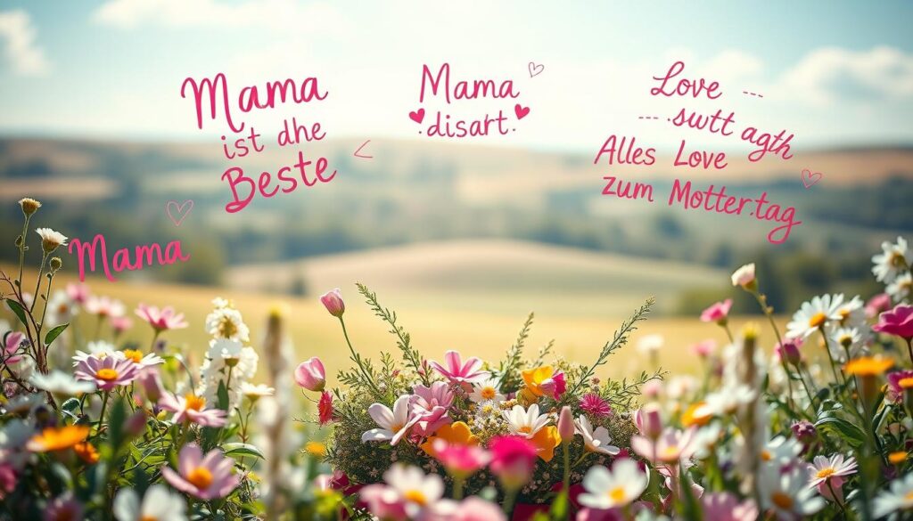 A whimsical scene of colorful, handwritten Mother's Day phrases floating in a sunlit, pastel-hued garden. In the foreground, charming, hand-lettered messages like "Mama ist die Beste" and "Alles Liebe zum Muttertag" drift amidst a lush, blooming floral arrangement. The middle ground features a delicate wreath of flowers, herbs, and vibrant ribbons, while the background depicts a soft, dreamlike landscape of rolling hills and a bright, airy sky. The composition is infused with a lighthearted, celebratory mood, capturing the joyful spirit of Mother's Day.
