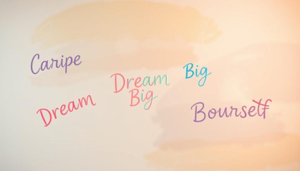 A whimsical scene of handwritten motivational phrases floating against a pastel gradient background. In the foreground, vibrant pastel-colored cursive lettering with motivational sayings like "Carpe Diem", "Dream Big", and "Be Yourself" hover in the air, seemingly suspended by an unseen force. The middle ground features a soft, defocused backdrop of gentle brushstrokes in complementary hues, creating a dreamlike, inspirational atmosphere. Warm, natural lighting casts a subtle glow, enhancing the playful, uplifting mood. The overall composition conveys a sense of encouragement, positivity, and the power of self-expression.
