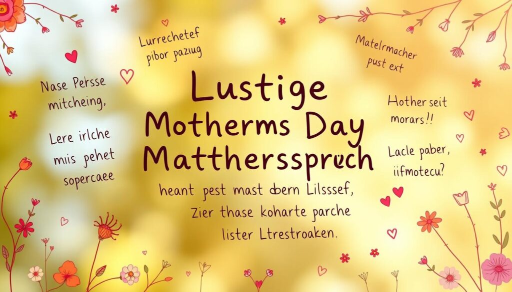 A whimsical scene of humorous mother's day phrases playfully presented in a vibrant, handwritten style. The text floats against a warm, sun-dappled backdrop, with a charming assortment of doodles and floral elements framing the composition. The phrases convey lighthearted sentiments that elicit a smile, befitting the "Lustige Muttertagssprüche" theme. Soft, diffused lighting creates a cozy, intimate mood, while the overall layout is balanced and visually engaging, drawing the viewer's attention to the witty, heartfelt messages.
