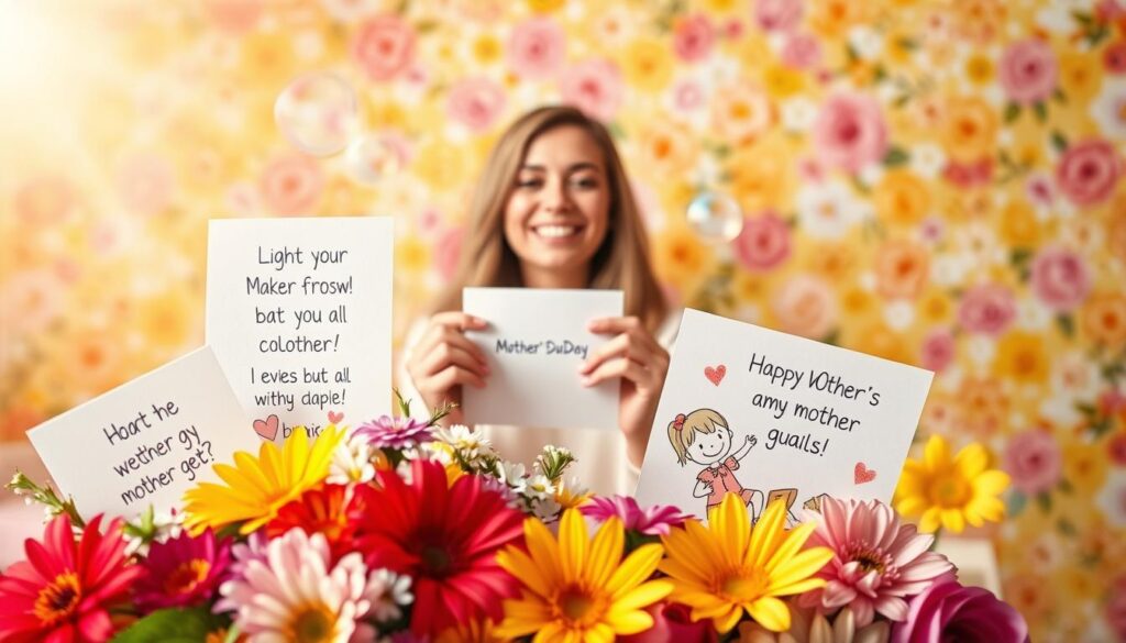 A whimsical scene of lighthearted Mother's Day greetings set against a warm, vibrant background. In the foreground, a bouquet of colorful flowers and playful illustrated cards with humorous, heartfelt messages. The middle ground features a cheerful, smiling woman holding a handwritten note, surrounded by floating bubbles and confetti. The background has a soft, blurred floral pattern, with rays of gentle sunshine filtering through. The overall atmosphere is joyful, uplifting, and designed to elicit a smile from the viewer.