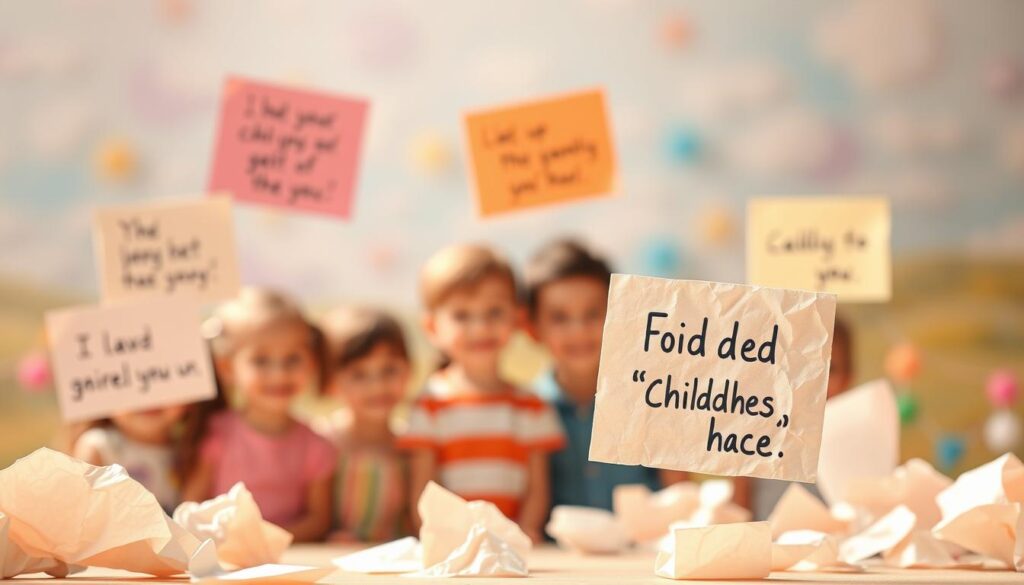 A whimsical scene of lighthearted children's quotes, captured with a warm, soft-focus lens. In the foreground, colorful handwritten notes on crumpled paper float weightlessly, their playful words evoking innocent humor. The middle ground features a group of diverse, smiling child figures, their expressions radiating joy and wonder. The background is a blurred, dreamlike landscape of pastel hues, creating a sense of imagination and childlike fantasy. Gentle natural lighting bathes the entire composition, infusing the image with a sense of tender nostalgia and the endearing magic of a child's perspective.