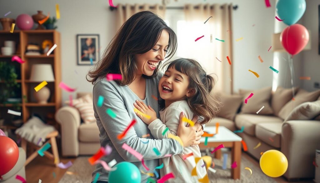 A whimsical scene showcasing the power of humor on Mother's Day. In the foreground, a mother and child share a heartwarming embrace, their laughter filling the air. The middle ground features a playful mishmash of colorful objects - balloons, confetti, and other joyful accents that capture the lighthearted spirit of the occasion. The background is a warm, inviting living room setting, complete with cozy furnishings and a hint of sunlight streaming through the windows, creating a cozy, intimate atmosphere. The overall mood is one of pure joy, celebration, and the meaningful bonds between a mother and child, all underpinned by the unifying force of humor.
